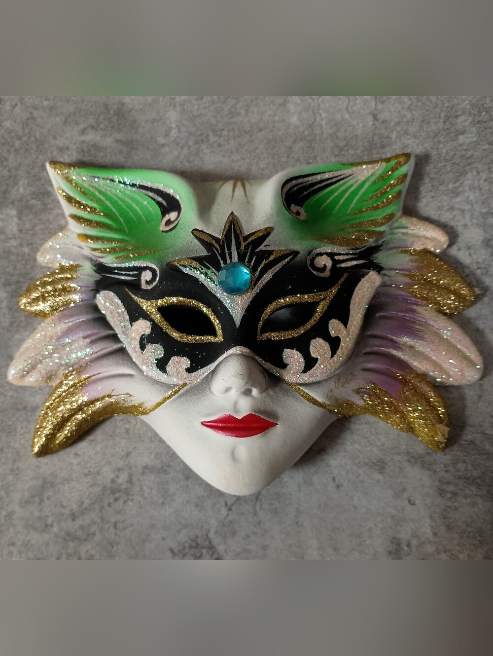 Hand Painted Decorative Venetian-style Mask with Green, Black & Gold Accents